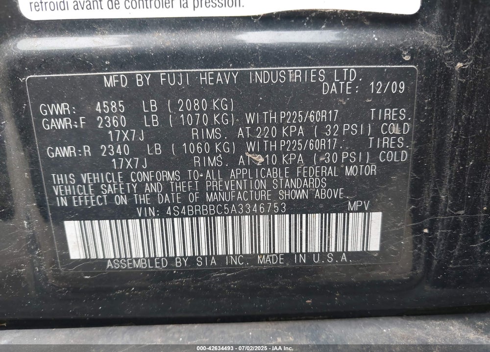 2010 SUBARU OUTBACK VIN: 4S4BRBBC5A3346753