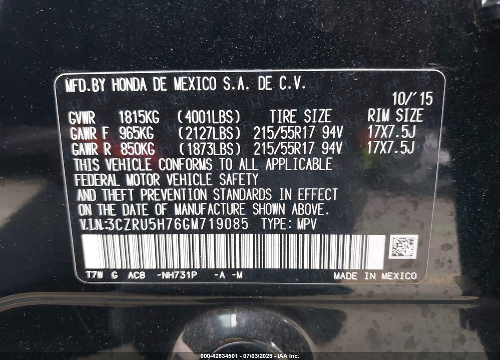 2016 HONDA HR-V VIN: 3CZRU5H76GM719085