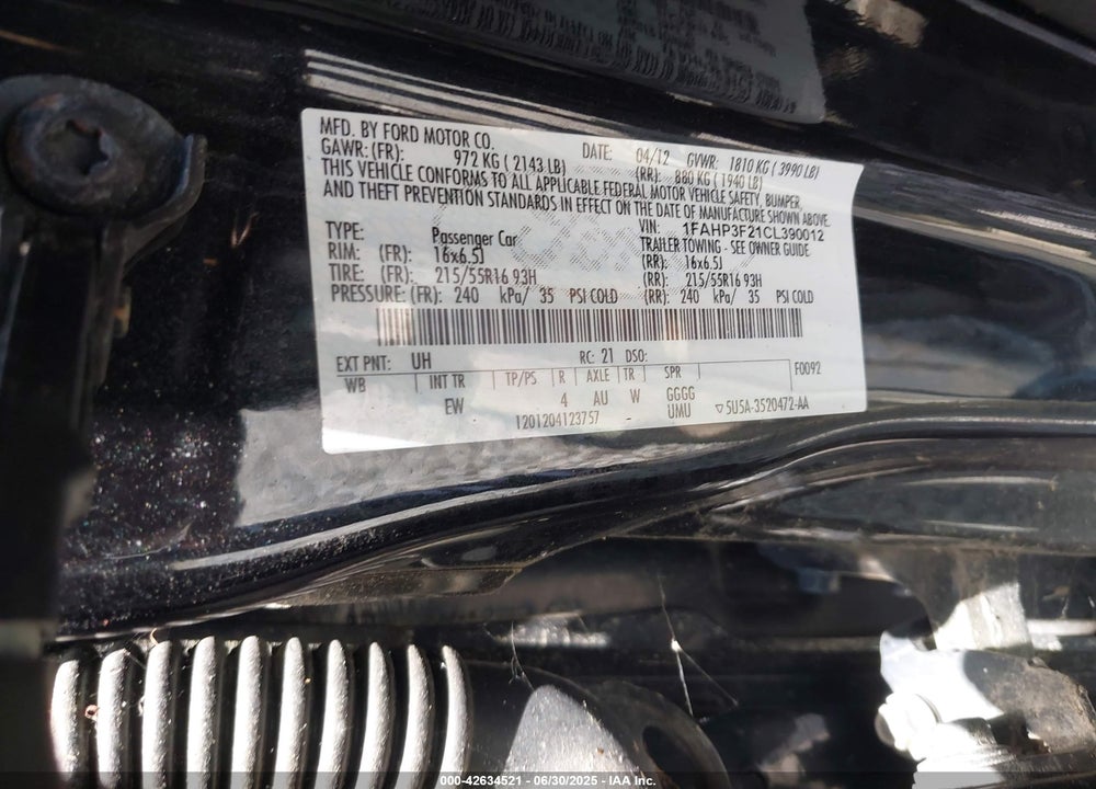 2012 FORD FOCUS VIN: 1FAHP3F21CL390012