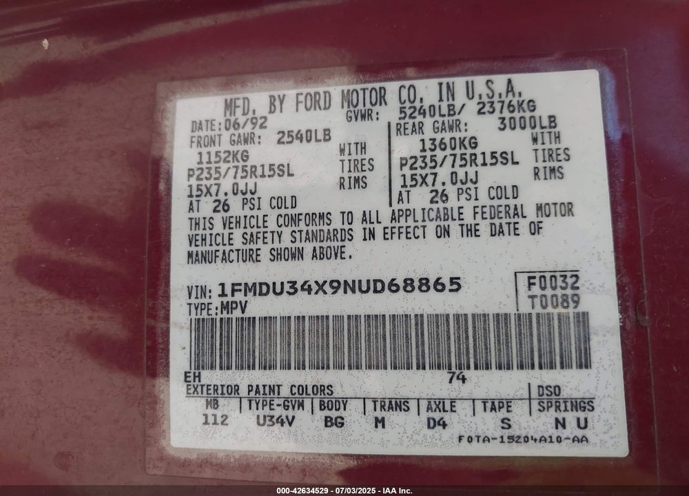 1992 FORD EXPLORER VIN: 1FMDU34X9NUD68865