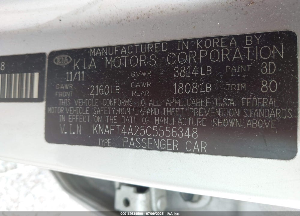2012 KIA FORTE VIN: KNAFT4A25C5556348