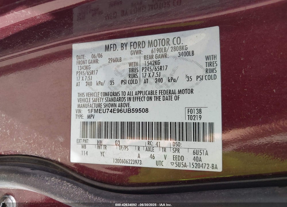 2006 FORD EXPLORER VIN: 1FMEU74E96UB59508