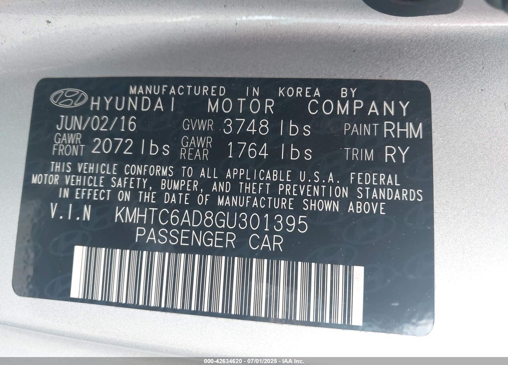 2016 HYUNDAI VELOSTER VIN: KMHTC6AD8GU301395