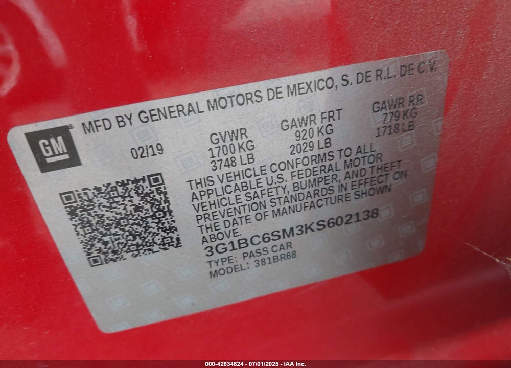 2019 CHEVROLET CRUZE VIN: 3G1BC6SM3KS602138