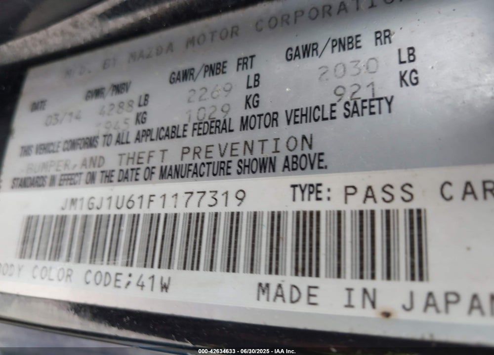 2015 MAZDA 6 VIN: JM1GJ1U61F1177319