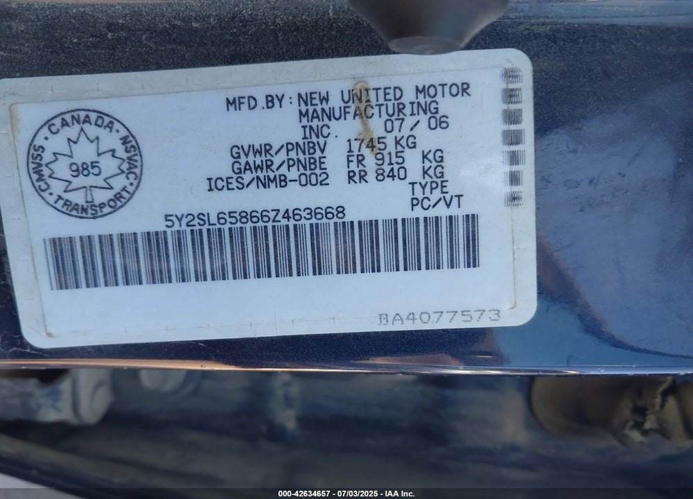 2006 PONTIAC VIBE VIN: 5Y2SL65866Z463668