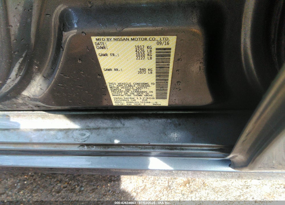 2017 NISSAN ALTIMA VIN: 1N4AL3AP9HC117908