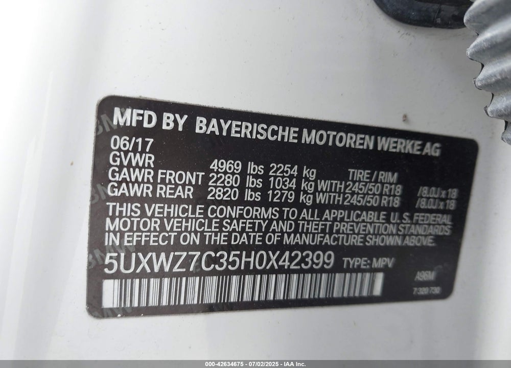 2017 BMW X3 VIN: 5UXWZ7C35H0X42399