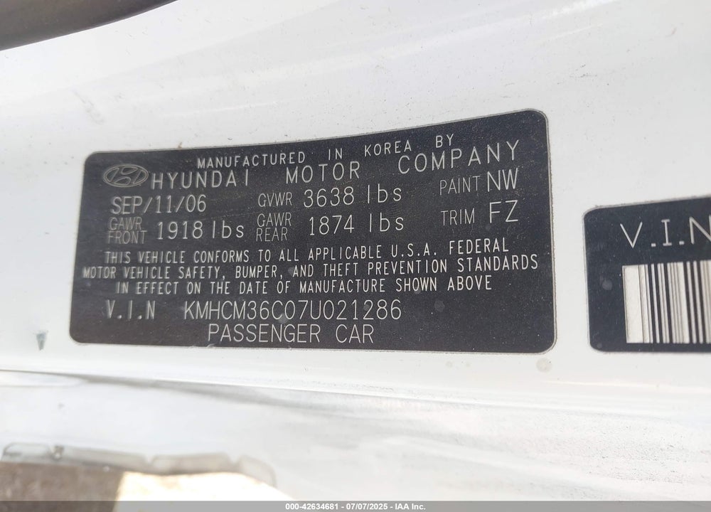 2007 HYUNDAI ACCENT VIN: KMHCM36C07U021286