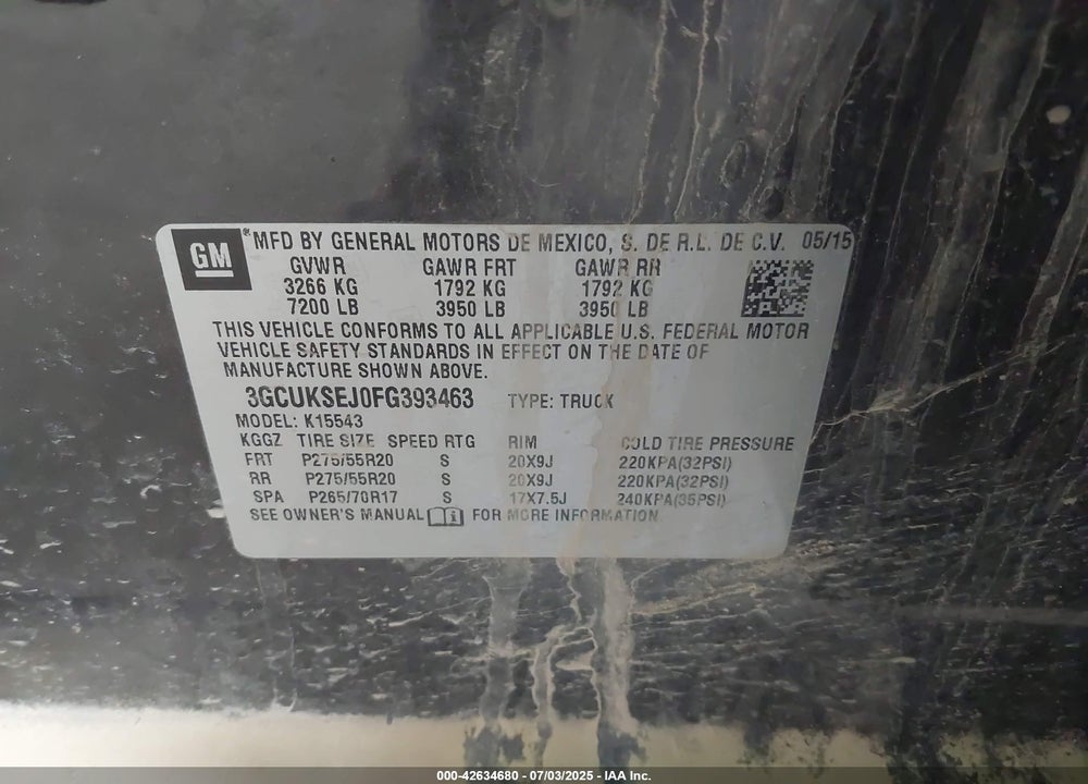 2015 CHEVROLET SILVERADO 1500 VIN: 3GCUKSEJ0FG393463