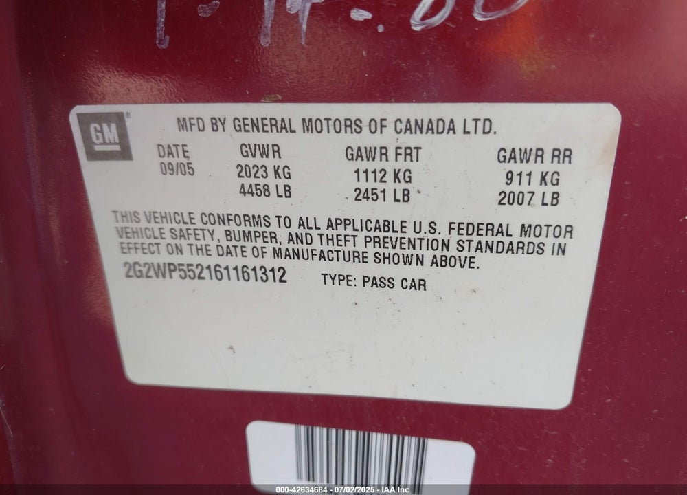 2006 PONTIAC GRAND PRIX VIN: 2G2WP552161161312