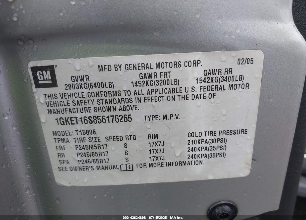 2005 GMC ENVOY XL SLT VIN: 1GKET16S856176265