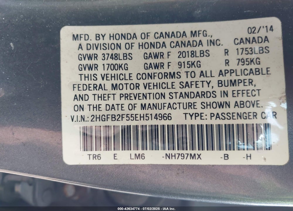 2014 HONDA CIVIC VIN: 2HGFB2F55EH514966