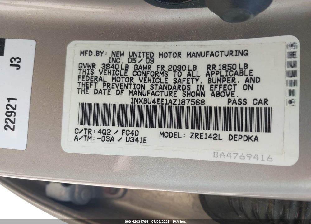 2010 TOYOTA COROLLA VIN: 1NXBU4EE1AZ187568