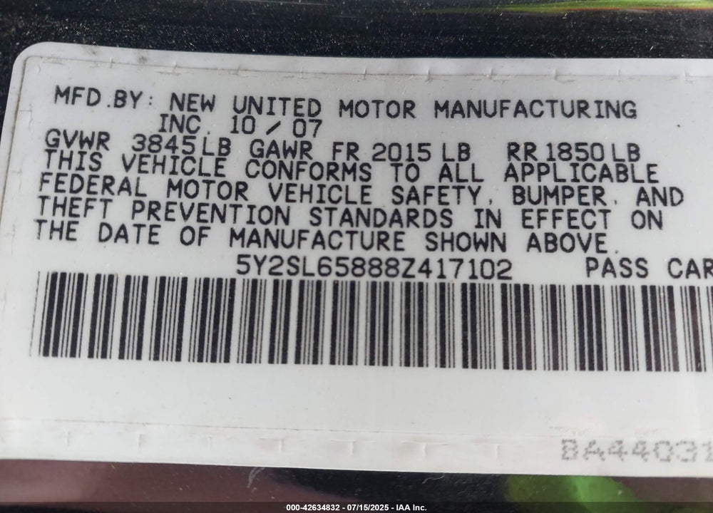 2008 PONTIAC VIBE VIN: 5Y2SL65888Z417102