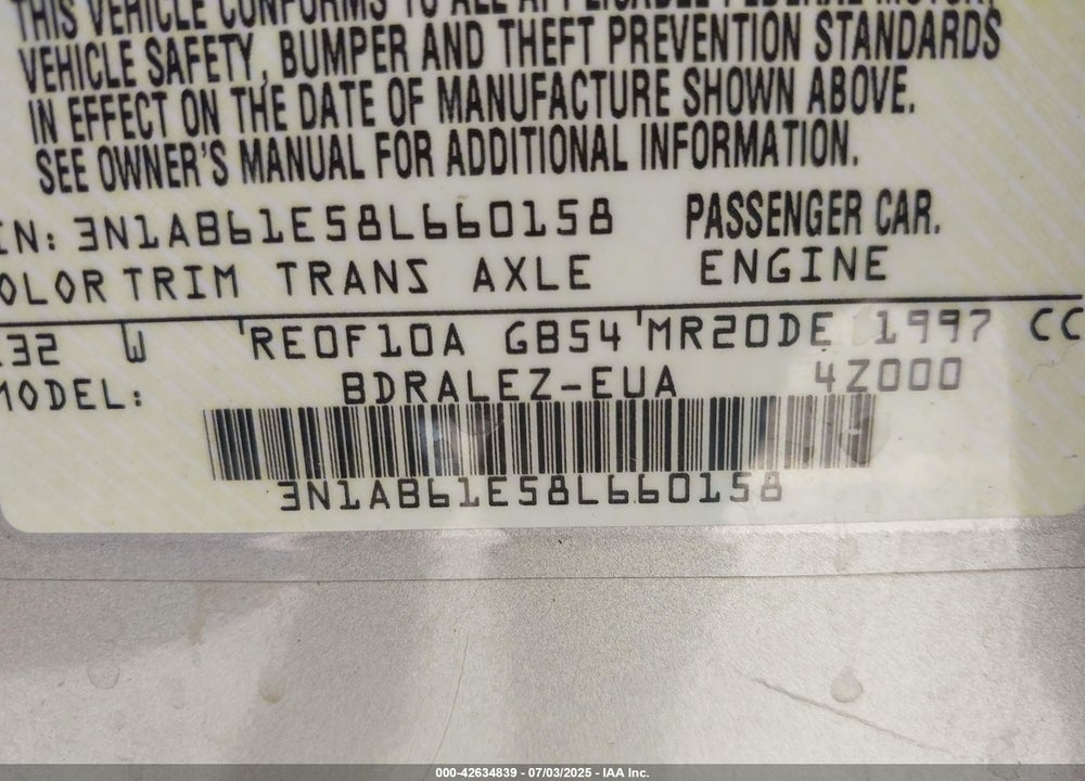 2008 NISSAN SENTRA 2.0S VIN: 3N1AB61E58L660158