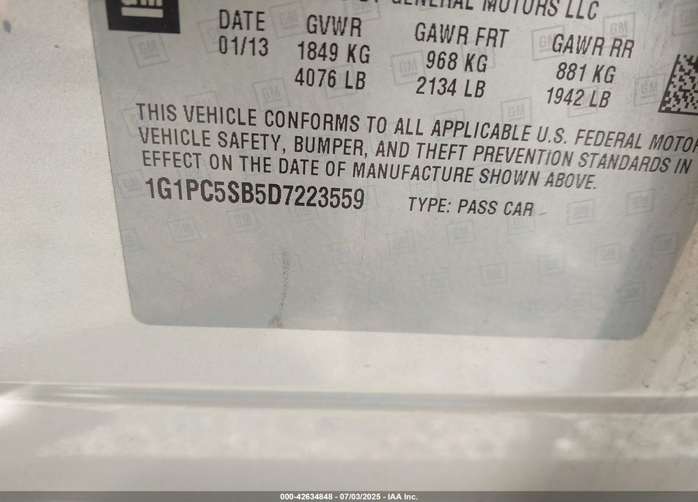 2013 CHEVROLET CRUZE 1LT AUTO VIN: 1G1PC5SB5D7223559