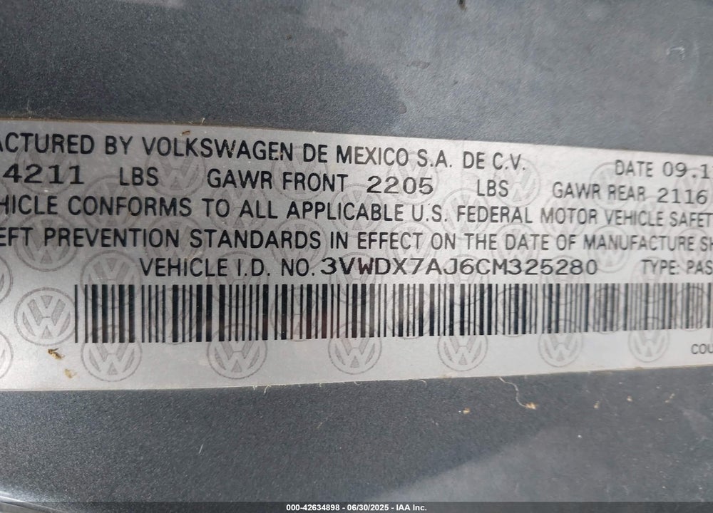 2012 VOLKSWAGEN JETTA VIN: 3VWDX7AJ6CM325280