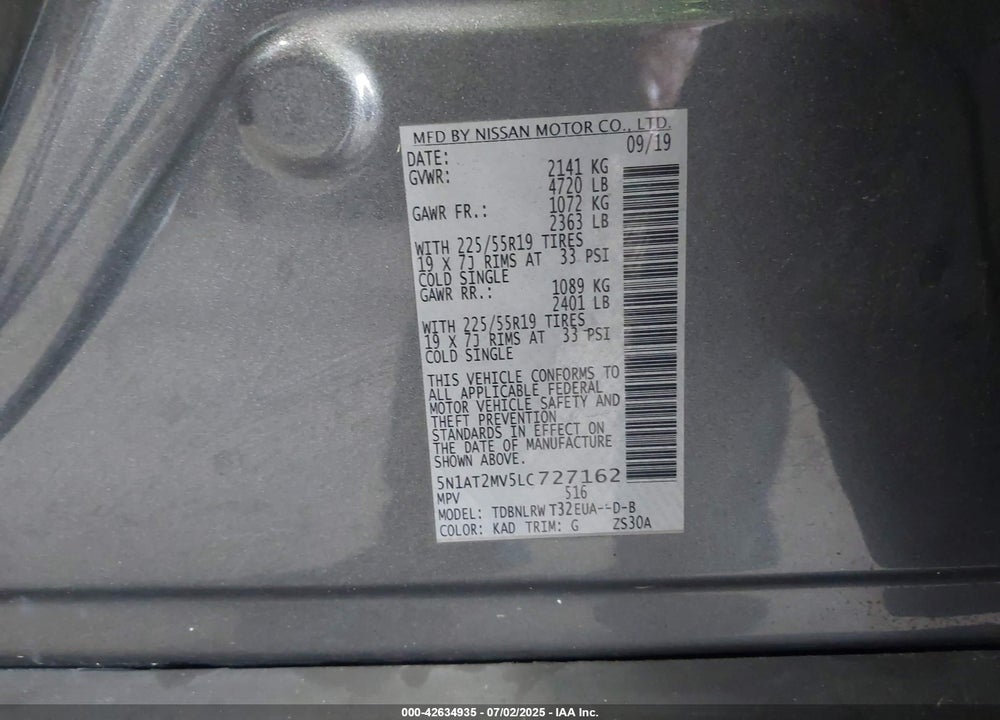 2020 NISSAN ROGUE VIN: 5N1AT2MV5LC727162