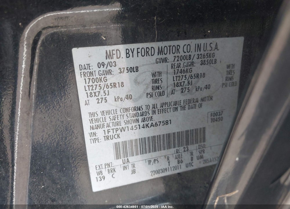 2004 FORD F-150 FX4/LARIAT/XLT VIN: 1FTPW14514KA67581