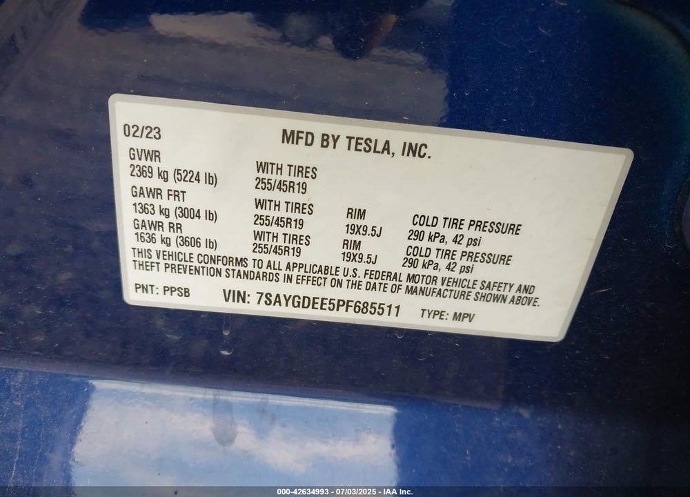 2023 TESLA MODEL Y VIN: 7SAYGDEE5PF685511