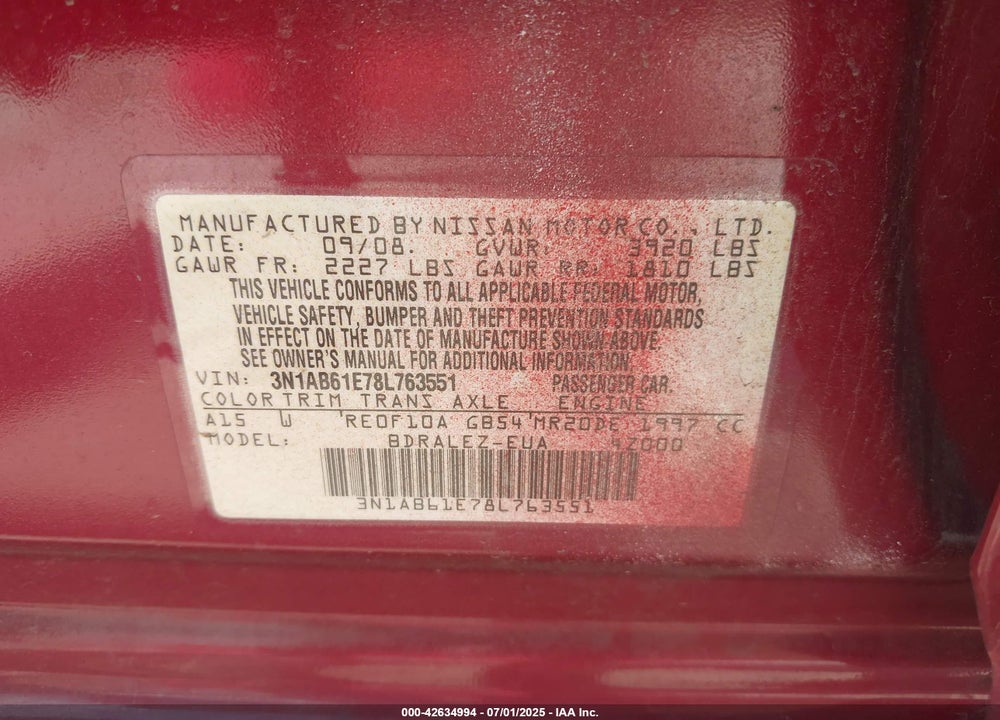 2008 NISSAN SENTRA VIN: 3N1AB61E78L763551