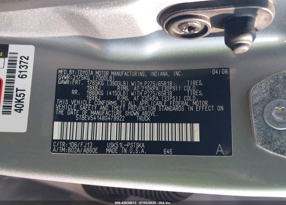 2008 TOYOTA TUNDRA SR5 5.7L V8 VIN: 5TBEV54148S479922