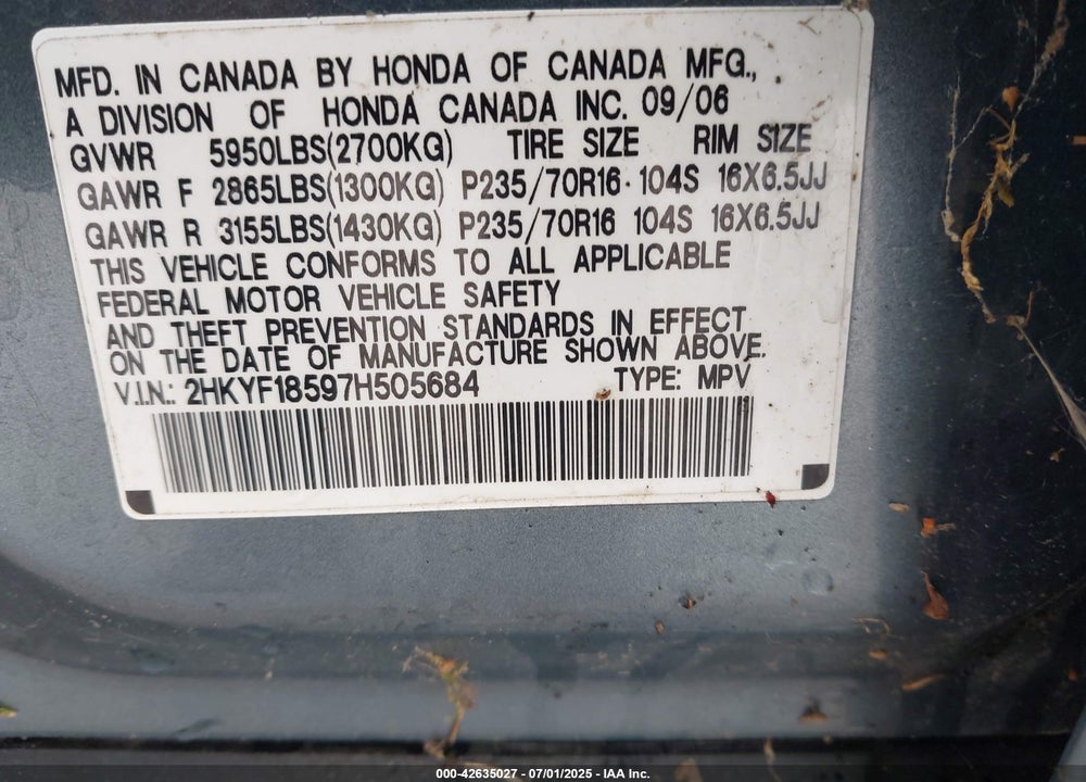2007 HONDA PILOT VIN: 2HKYF18597H505684