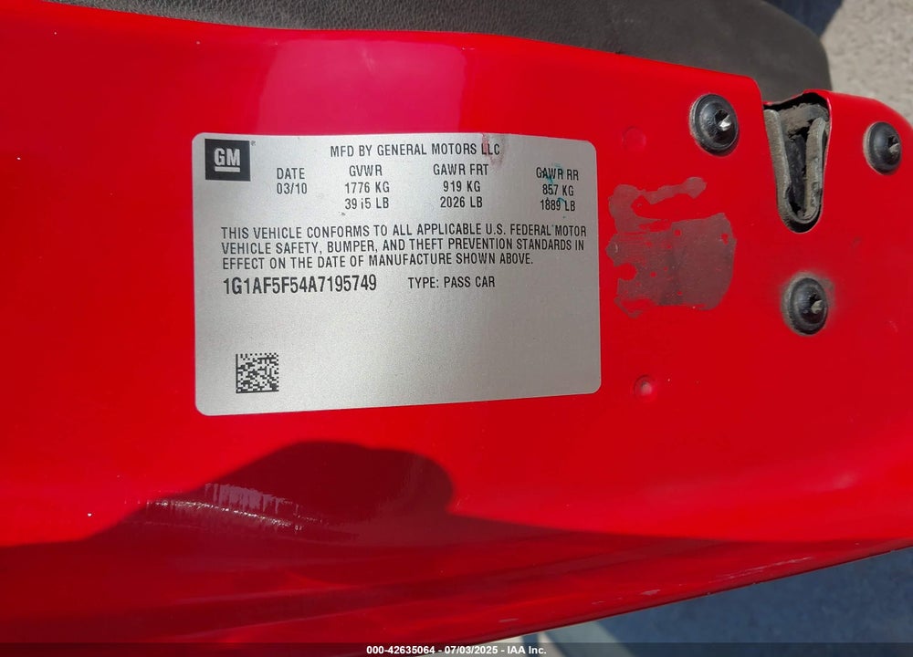 2010 CHEVROLET COBALT VIN: 1G1AF5F54A7195749