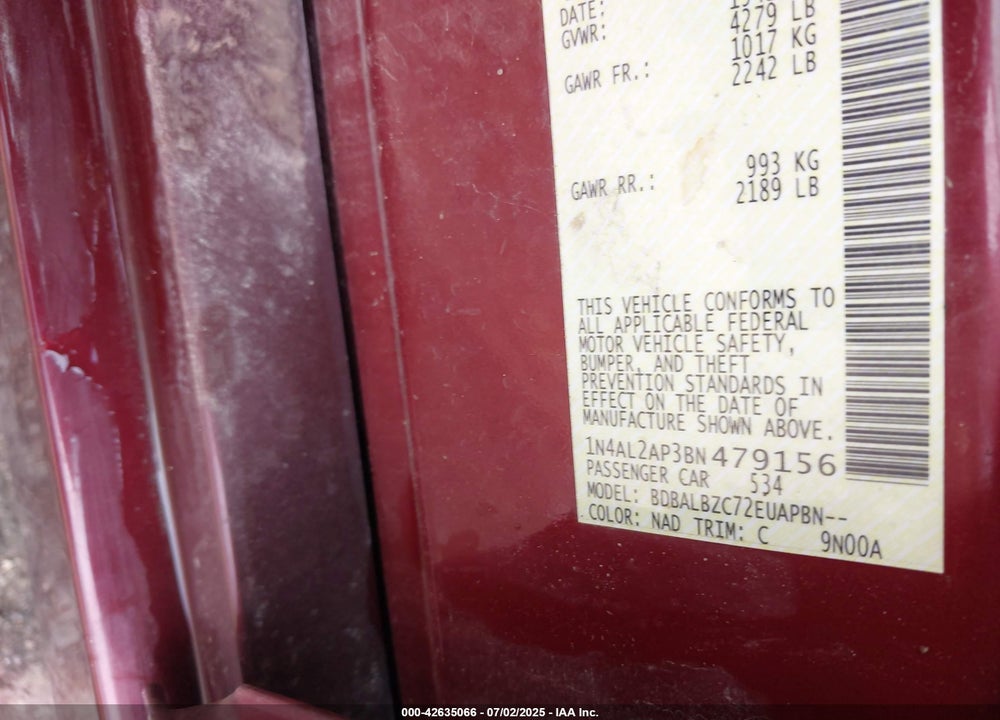 2011 NISSAN ALTIMA VIN: 1N4AL2AP3BN479156