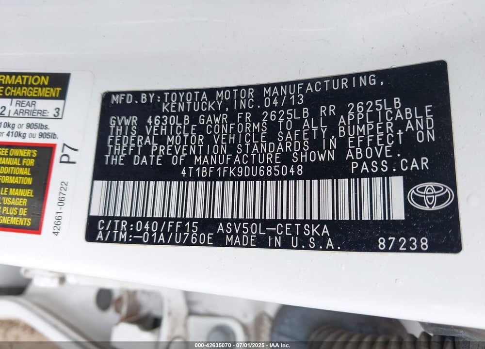 2013 TOYOTA CAMRY VIN: 4T1BF1FK9DU685048