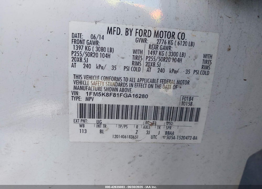 2015 FORD EXPLORER LIMITED VIN: 1FM5K8F81FGA16280