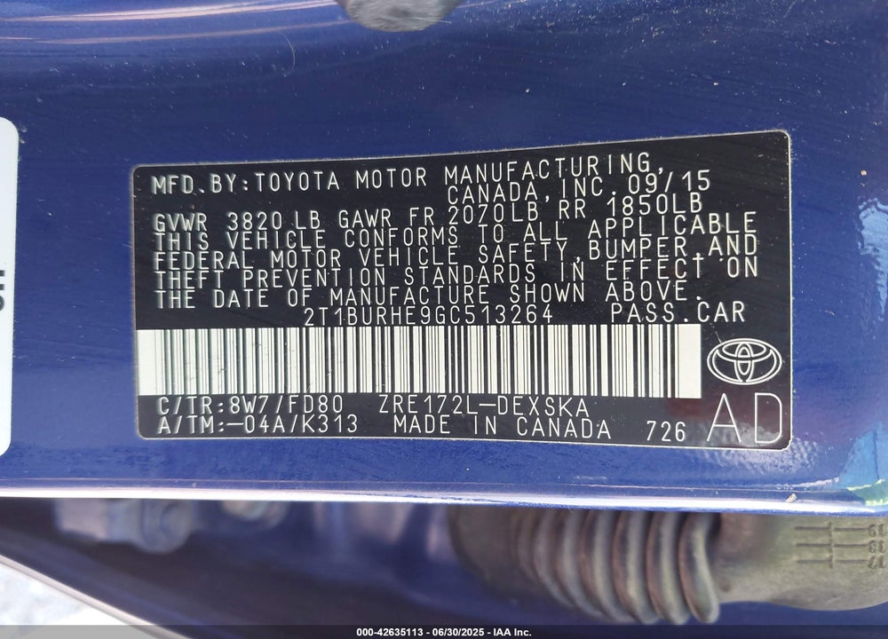 2016 TOYOTA COROLLA VIN: 2T1BURHE9GC513264