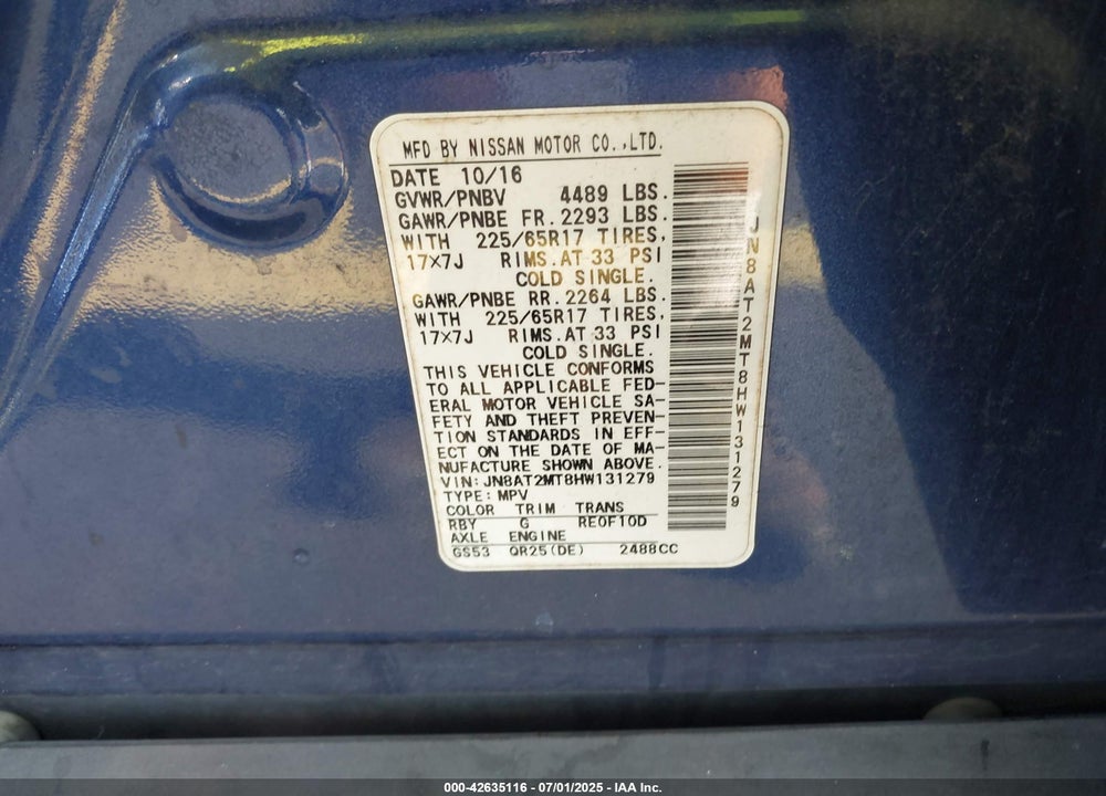 2017 NISSAN ROGUE VIN: JN8AT2MT8HW131279
