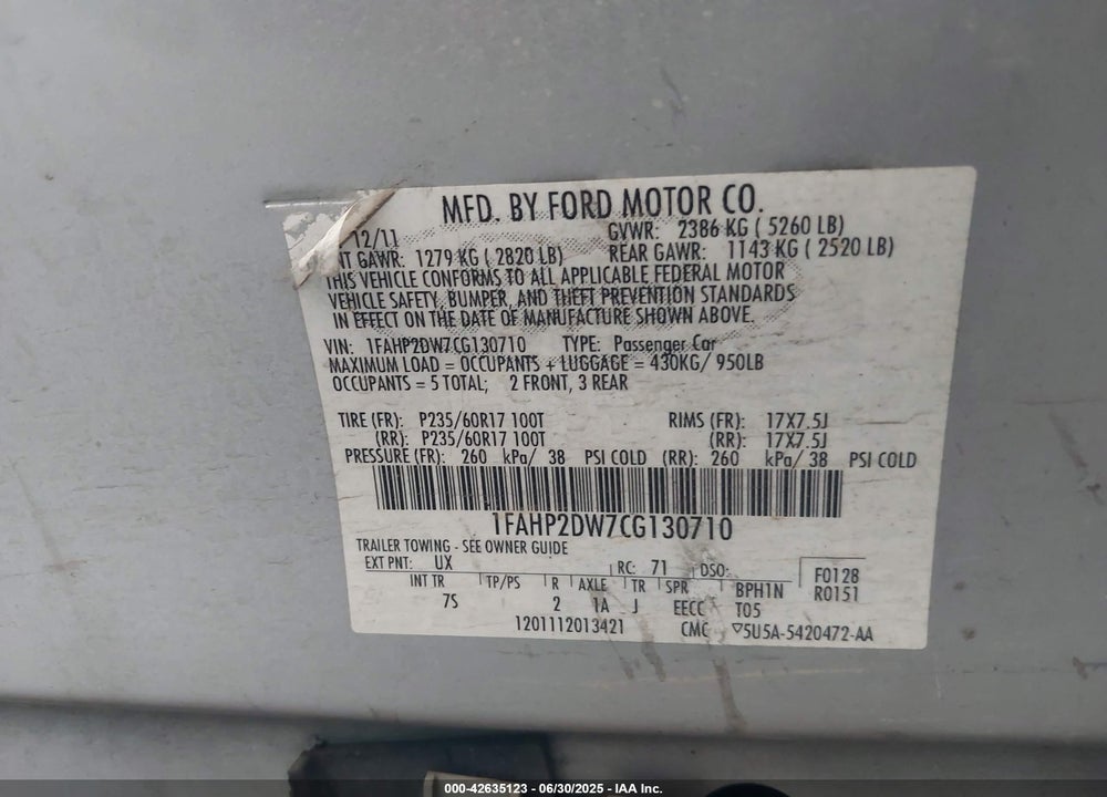 2012 FORD TAURUS VIN: 1FAHP2DW7CG130710