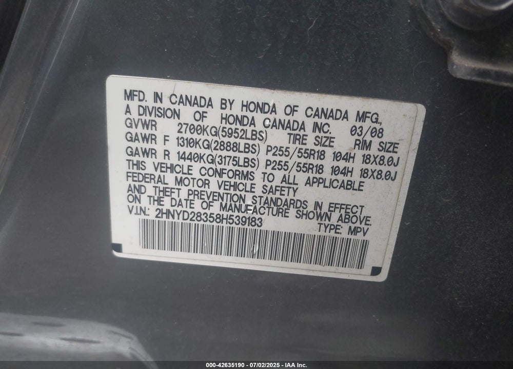 2008 ACURA MDX TECHNOLOGY PACKAGE VIN: 2HNYD28358H539183