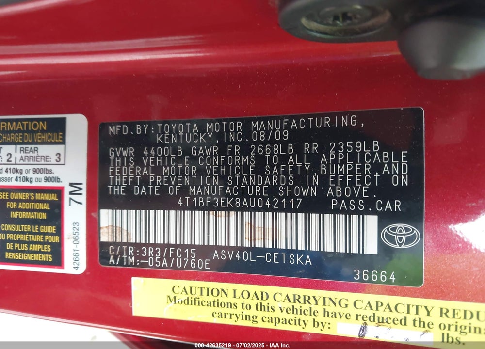 2010 TOYOTA CAMRY VIN: 4T1BF3EK8AU042117