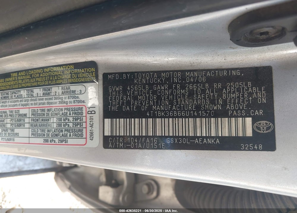 2006 TOYOTA AVALON XL VIN: 4T1BK36B66U141570