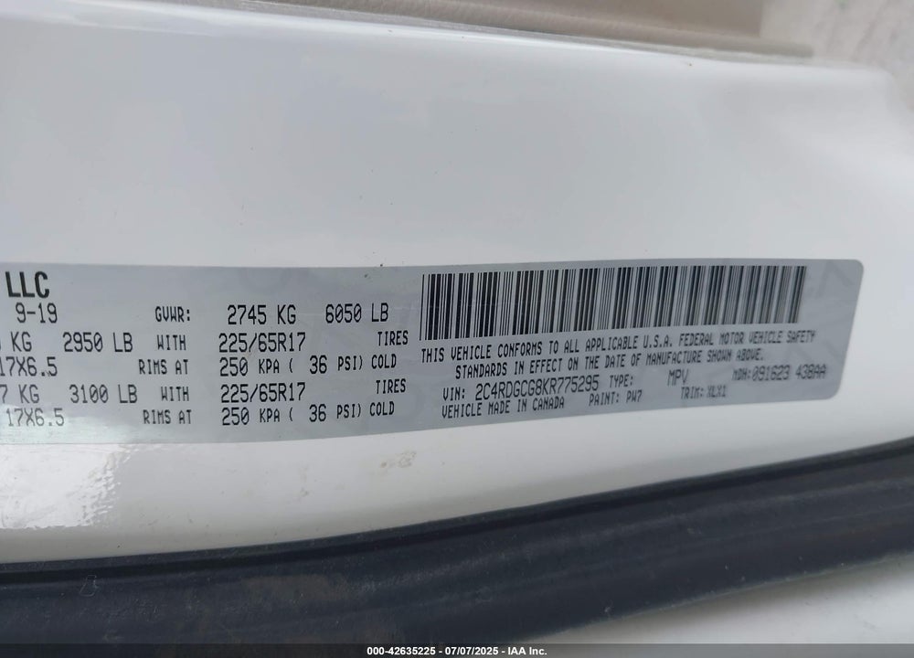 2019 DODGE GRAND CARAVAN VIN: 2C4RDGCG8KR775295