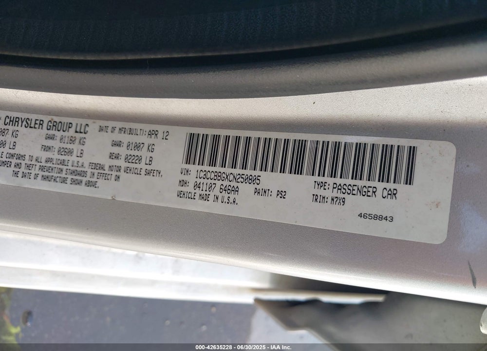 2012 CHRYSLER 200 TOURING VIN: 1C3CCBBGXCN250805