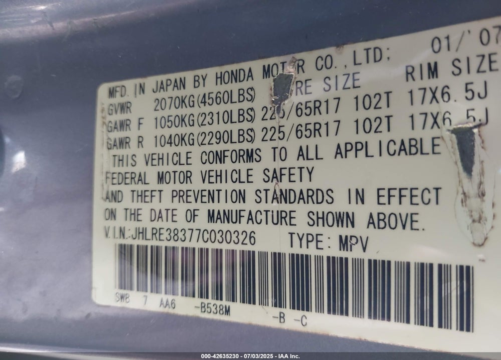 2007 HONDA CR-V VIN: JHLRE38377C030326