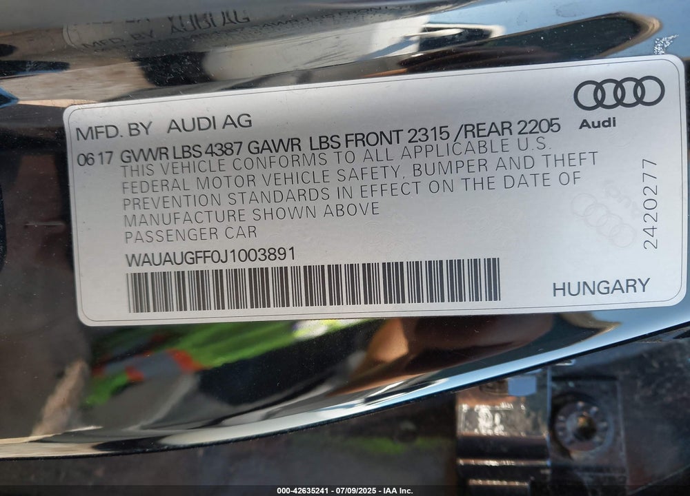 2018 AUDI A3 VIN: WAUAUGFF0J1003891