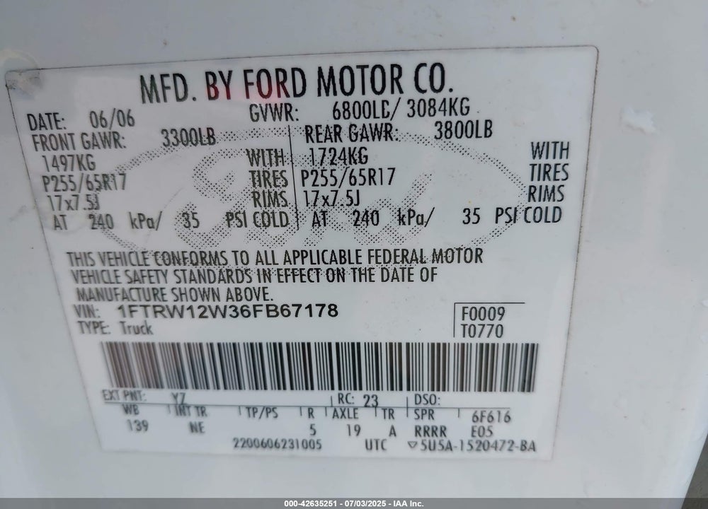 2006 FORD F-150 XLT VIN: 1FTRW12W36FB67178