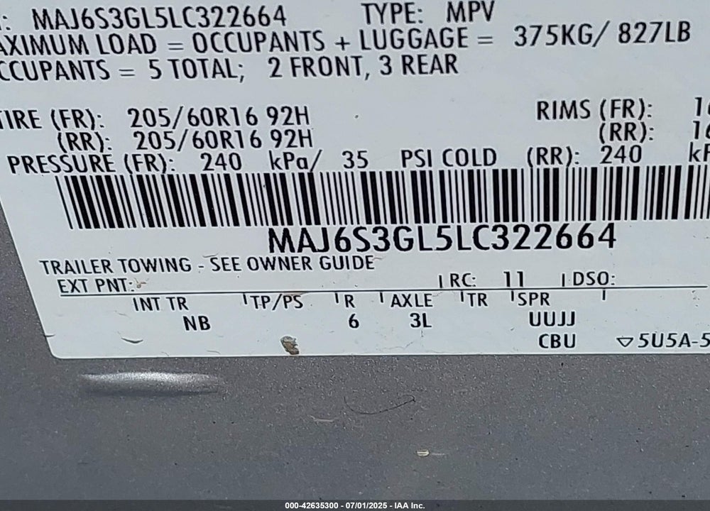 2020 FORD ECOSPORT VIN: MAJ6S3GL5LC322664