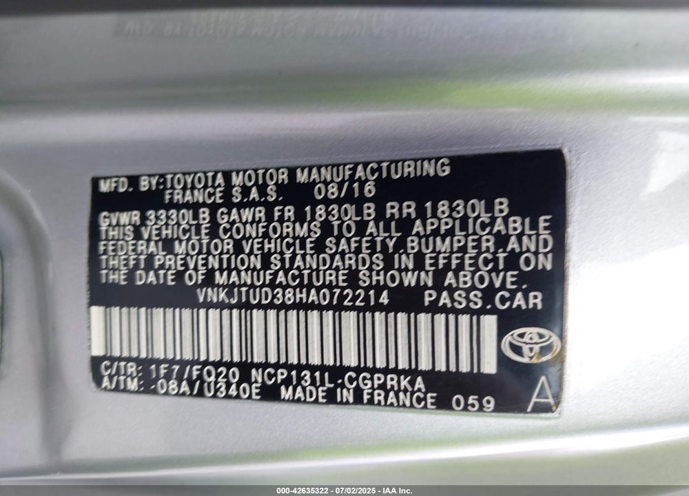 2017 TOYOTA YARIS VIN: VNKJTUD38HA072214