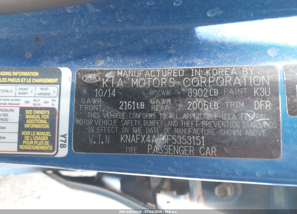 2015 KIA FORTE VIN: KNAFX4A85F5353151