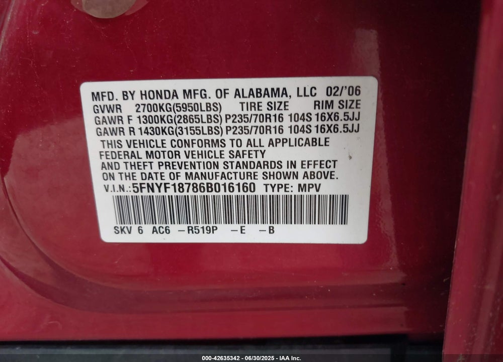 2006 HONDA PILOT EX-L VIN: 5FNYF18786B016160