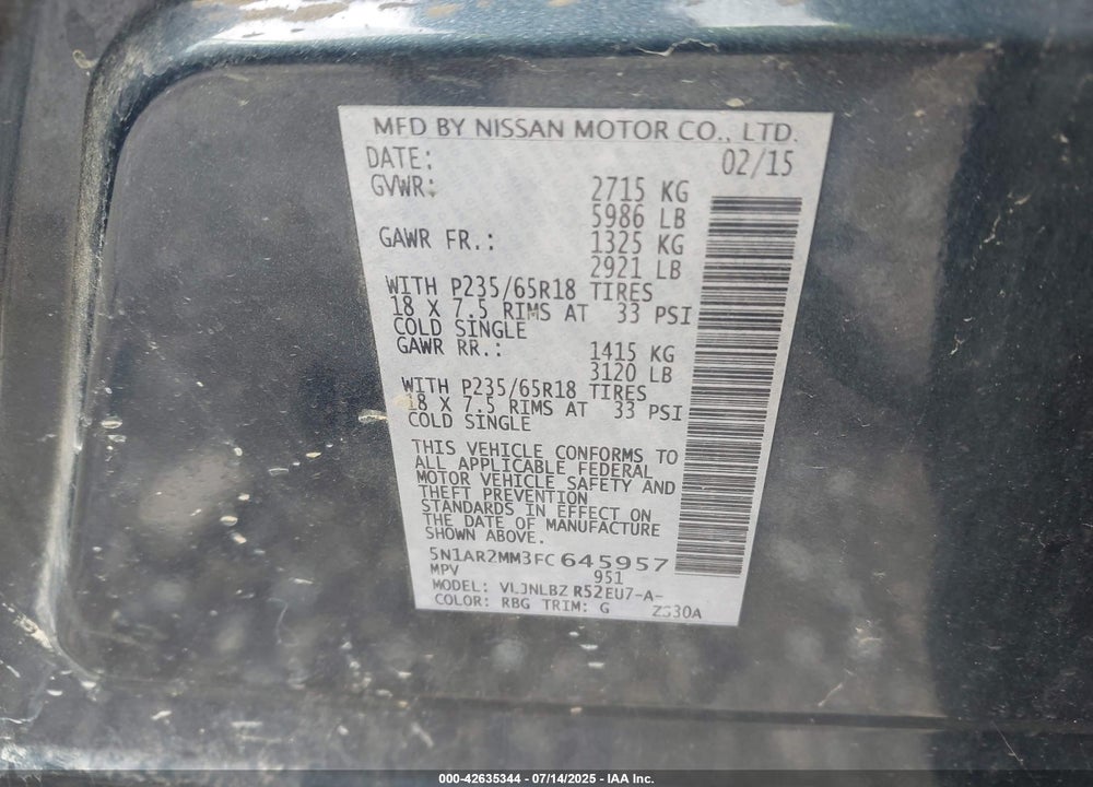 2015 NISSAN PATHFINDER VIN: 5N1AR2MM3FC645957