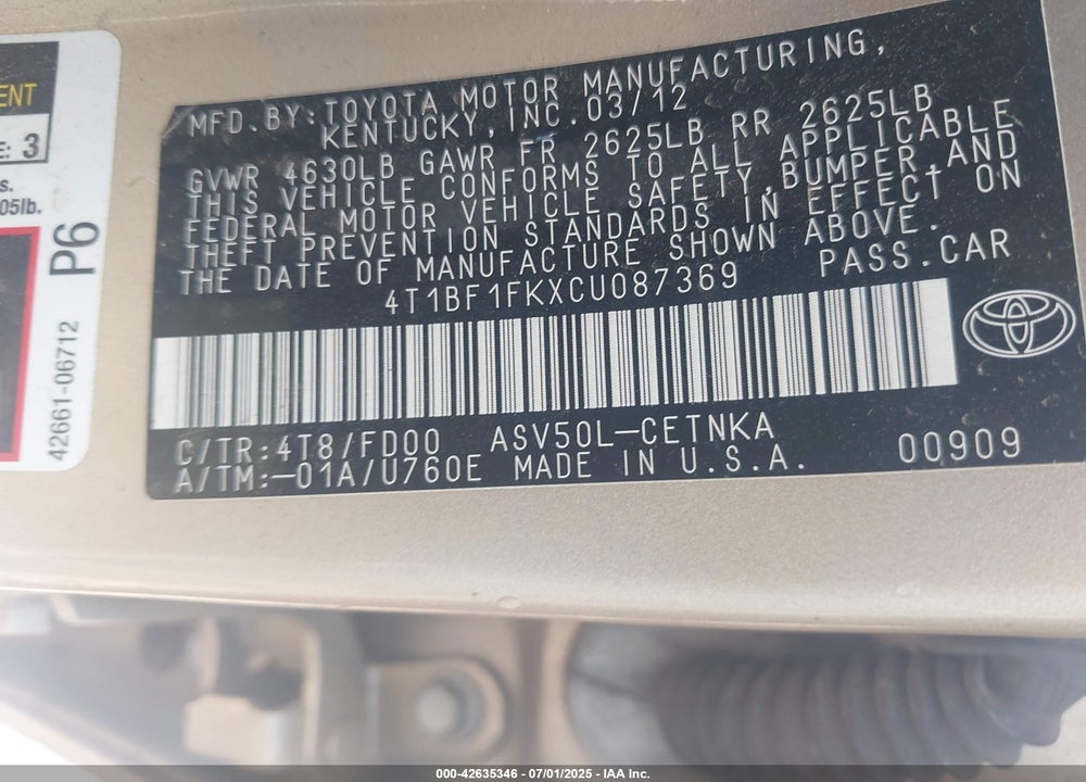 2012 TOYOTA CAMRY LE VIN: 4T1BF1FKXCU087369