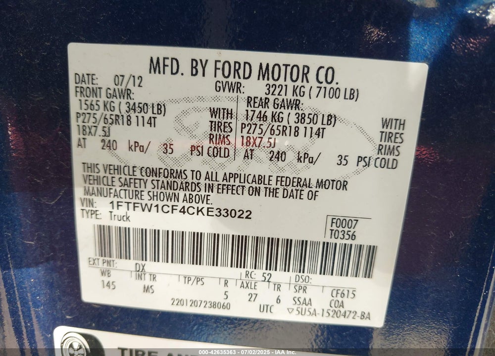 2012 FORD F-150 VIN: 1FTFW1CF4CKE33022